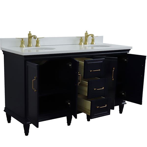 61" Double Sink Vanity in Blue Finish and White Quartz and Oval Sink