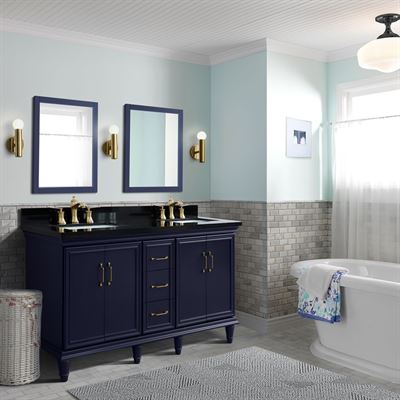 61" Double sink vanity in Blue finish and Black galaxy granite and rectangle sink