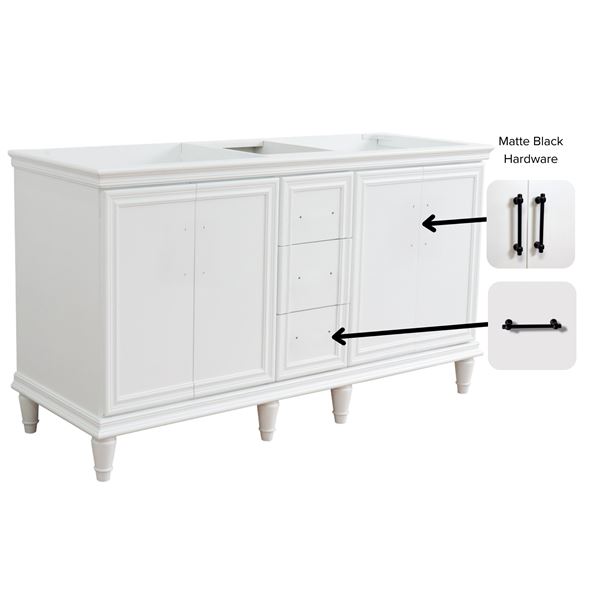 61" Double Sink Vanity in White Finish and Gray Granite and Round Sinks