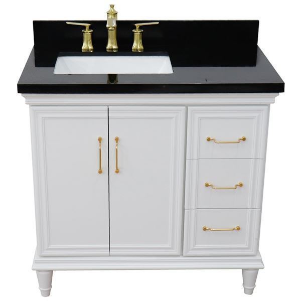 37" Single vanity in White finish with Black galaxy and rectangle sink- Left door/Left sink