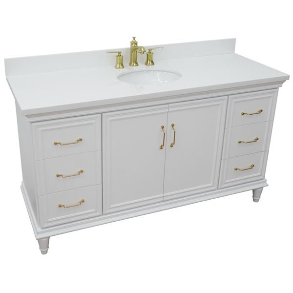 61" Single vanity in White finish with White quartz and oval sink