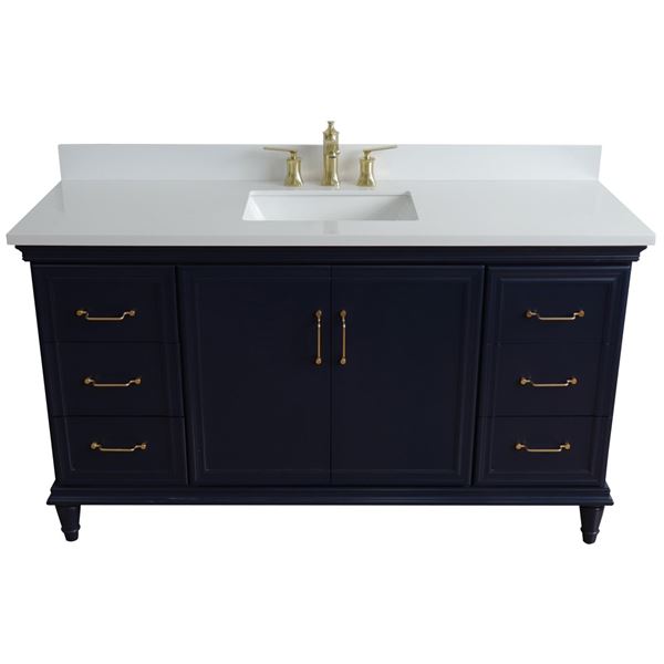 61" Single sink vanity in Blue finish and White quartz and rectangle sink