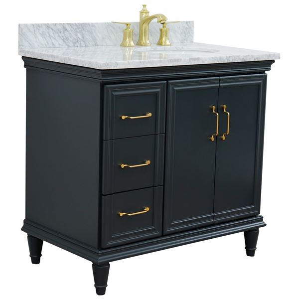 37" Single vanity in Dark Gray finish with White Carrara and oval sink- Right door/Right sink
