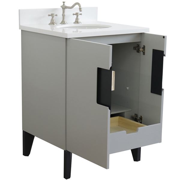 25" Single Sink Vanity in Light Gray Finish With White Quartz and Oval Sink