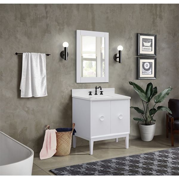 31" Single Vanity in White Finish With White Quartz Top and Rectangle Sink