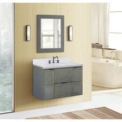 37" Single Wall Mount Vanity in Linen Gray Finish With White Quartz Top and Rectangle Sink