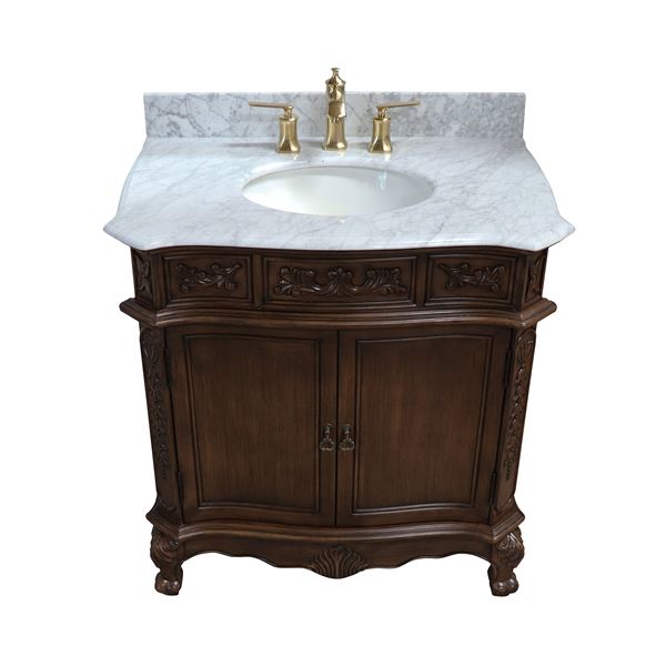 34.6 in. Single Sink Vanity-Wood-Walnut-Carrara White Marble