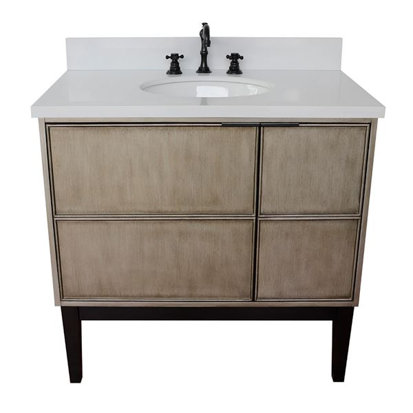 37" Single Vanity in Linen Brown Finish With White Quartz Top and Oval Sink