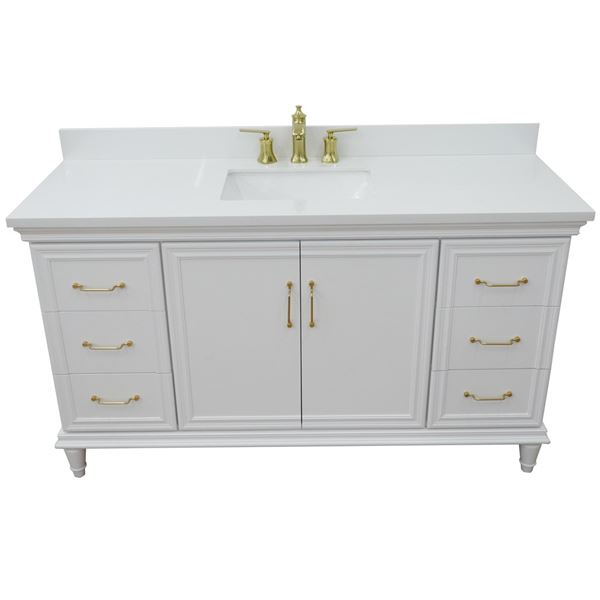 61" Single vanity in White finish with White quartz and rectangle sink