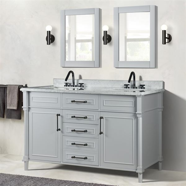 Napa 60 in. Double Vanity in Light Gray with White Carrara Marble Top with Black Hardware