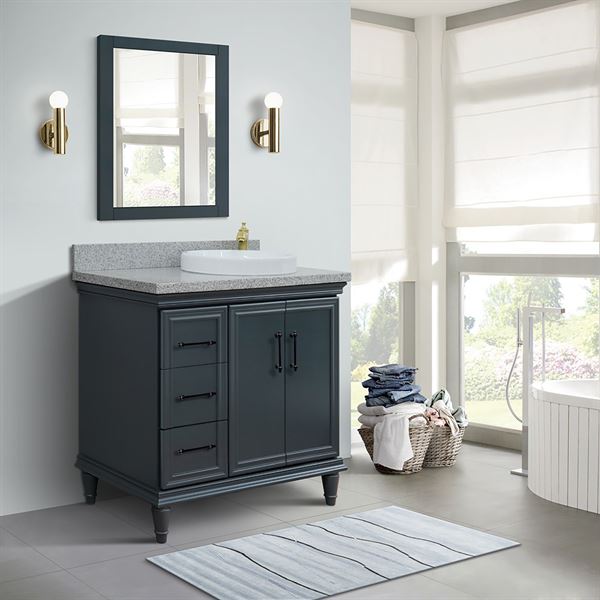 37″ Single Vanity in Dark Gray Finish with Gray Granite and Round Sink- Right Door/Right Sink