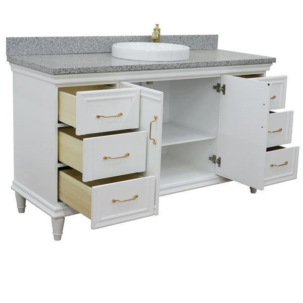 61" Single vanity in White finish with Gray granite and round sink