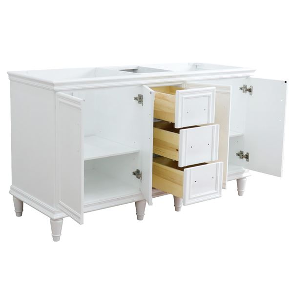 61" Double Sink Vanity in White Finish with White Engineered Stone Top, Round Sinks