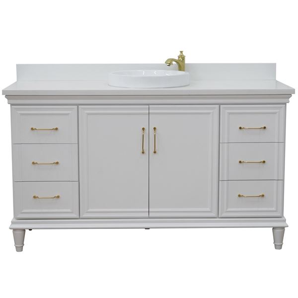 61" Single vanity in White finish with White quartz and round sink