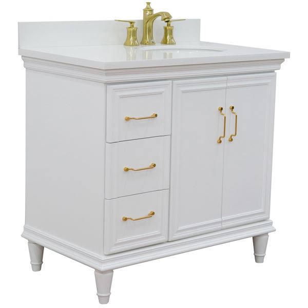 37" Single vanity in White finish with White quartz and oval sink- Right door/Right sink