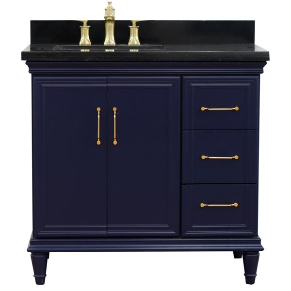 37" Single vanity in Blue finish with Black galaxy and rectangle sink- Left door/Left sink