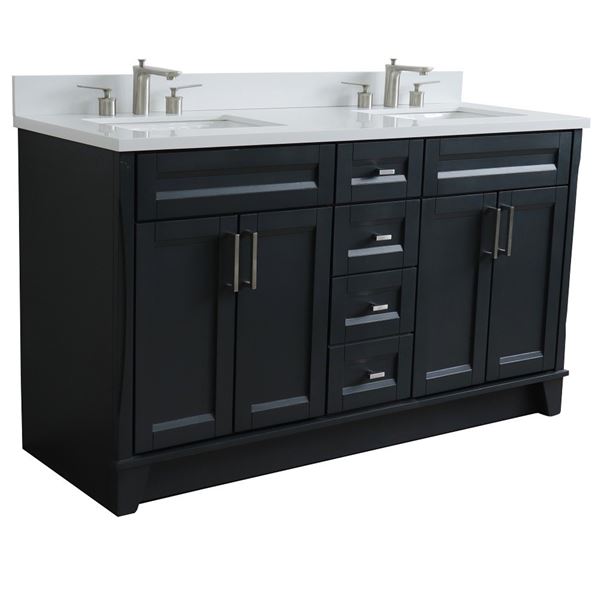 61" Double Sink Vanity in Dark Gray Finish and White Quartz and Rectangle Sink