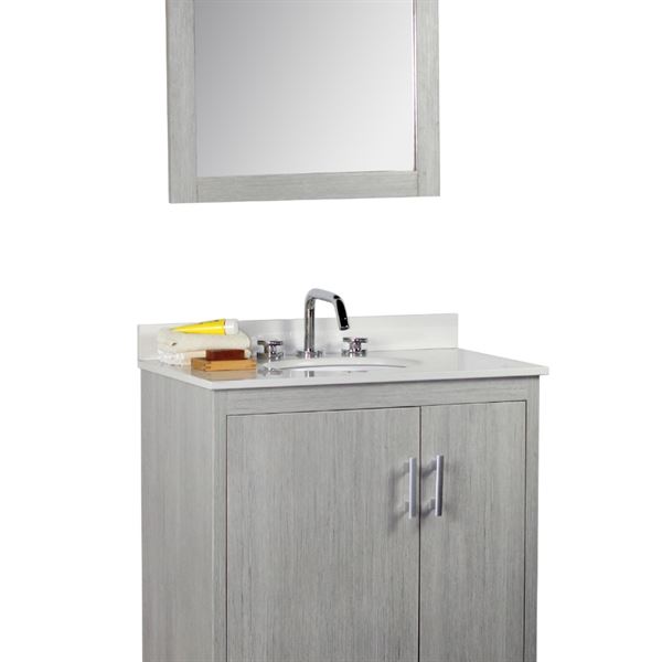 25" Single vanity in Gray Pine finish top with White Quartz and oval sink