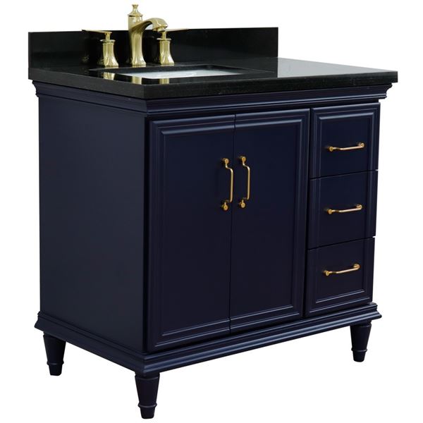 37" Single vanity in Blue finish with Black galaxy and rectangle sink- Left door/Left sink