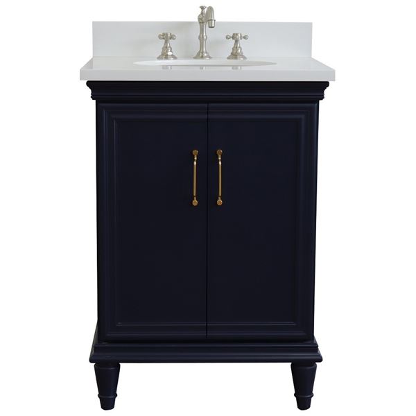 25" Single vanity in Blue finish with White quartz and oval sik