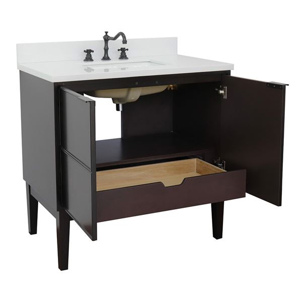 37" Single Vanity in Cappuccino Finish With White Quartz Top and Rectangle Sink