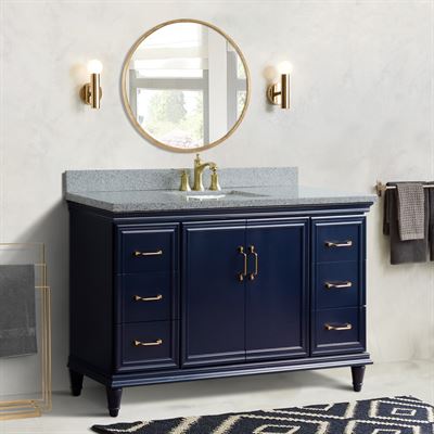 61" Single sink vanity in Blue finish and Gray granite and rectangle sink