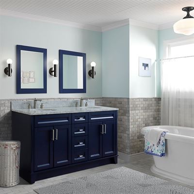 61" Double sink vanity in Blue finish and White carrara marble and oval sink