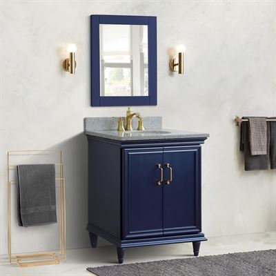 31" Single vanity in Blue finish with Gray granite and oval sink