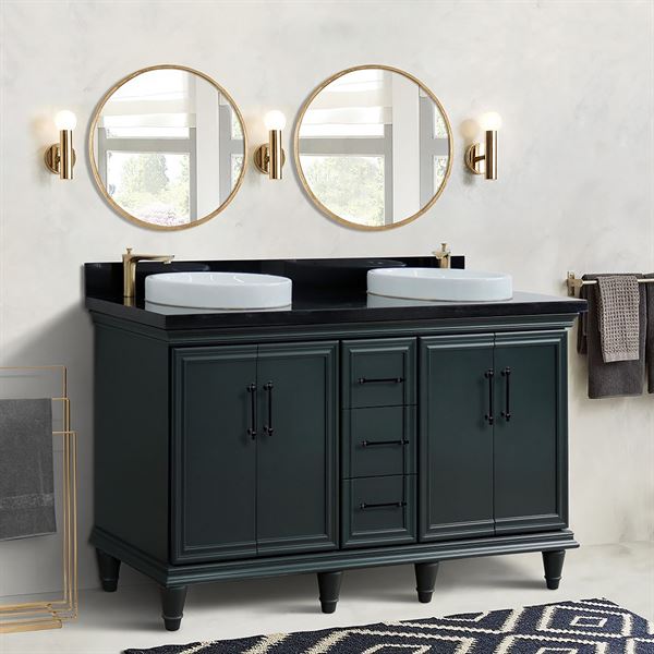 61" Double Sink Vanity in Dark Gray Finish and Black Galaxy Granite and Round Sink
