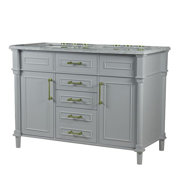 Napa 48 in. Double Vanity in Light Gray with White Carrara Marble Top with Gold Hardware