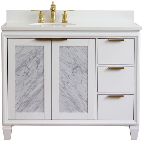 43" Single Vanity in White Finish With White Quartz and Oval Sink- Left Door/Left Sink