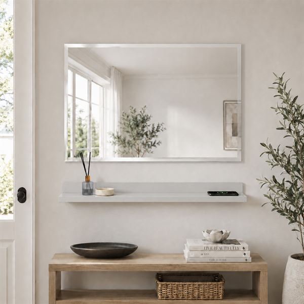 30" Light Gray Wireless Charging Shelf and Frameless Mirror Set 