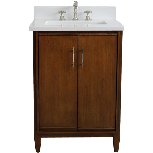 25" Single Sink Vanity in Walnut Finish With White Quartz and Rectangle Sink