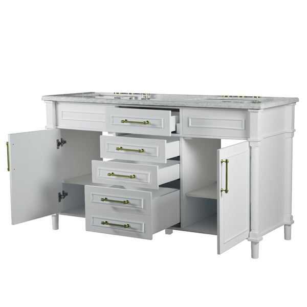 Napa 60 in. Double Vanity in White with White Carrara Marble Top with Gold Hardware