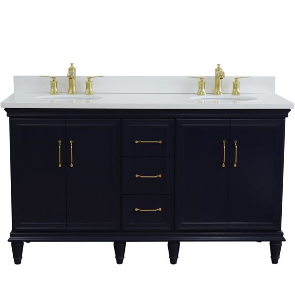 61" Double sink vanity in Blue finish and White quartz and oval sink