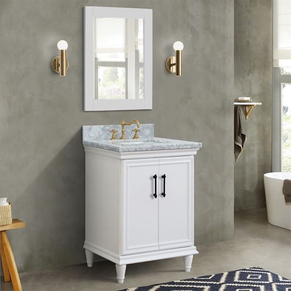 25″ Single Vanity in White Finish with White Carrara and Rectangle Sink