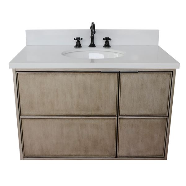 37" Single Wall Mount Vanity in Linen Brown Finish With White Quartz Top and Oval Sink