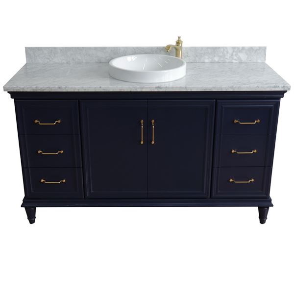 61" Single sink vanity in Blue finish and White carrara marble and round sink