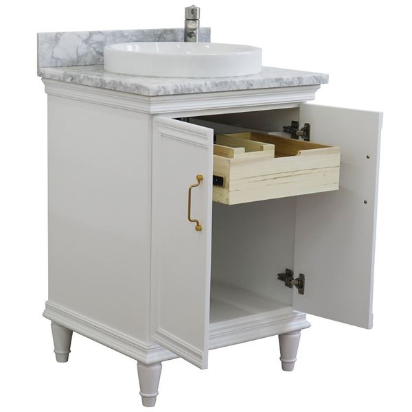 25" Single vanity in White finish with White Carrara and round sink