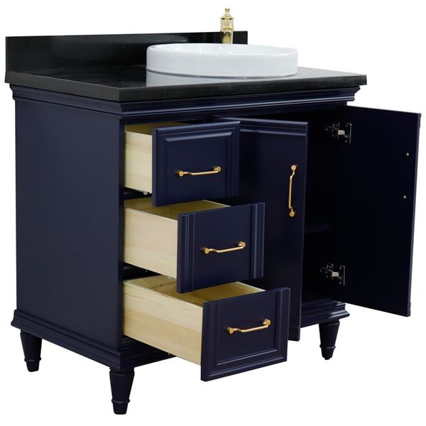 37" Single vanity in Blue finish with Black galaxy and round sink- Right door/Right sink