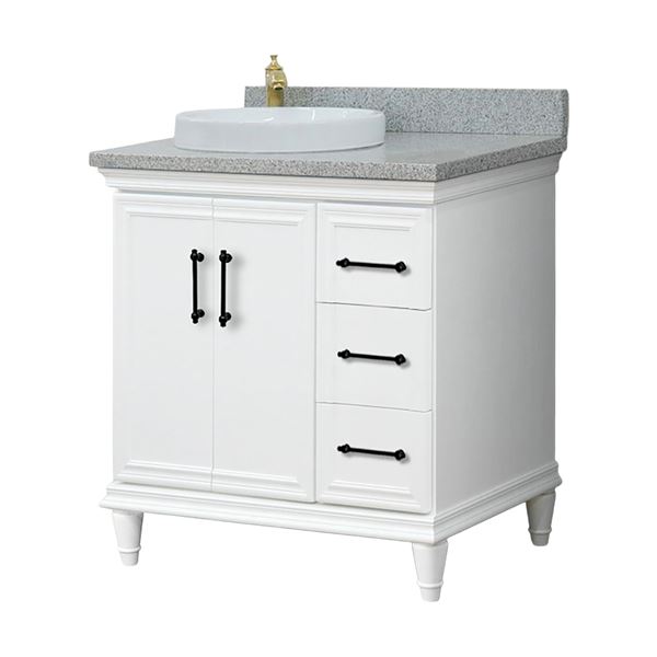 37" Single Vanity in White Finish with Gray Granite and Round Sink- Left Door/Left Sink