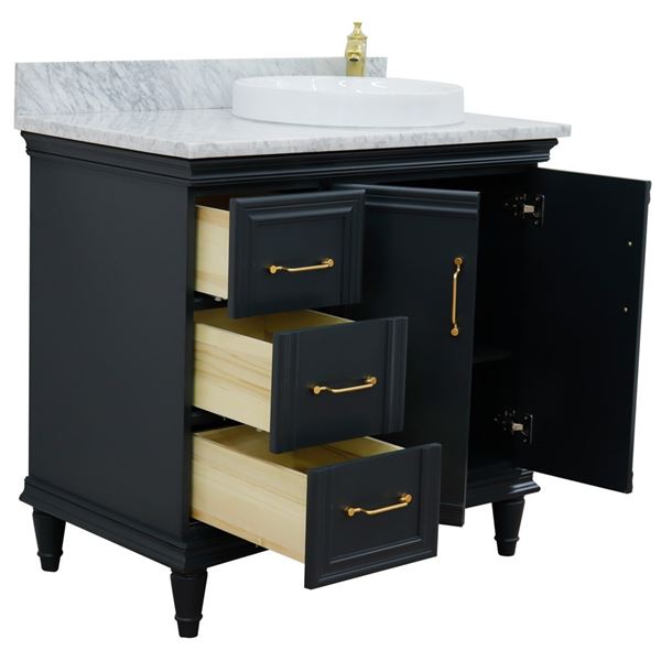37" Single vanity in Dark Gray finish with White Carrara and round sink- Right door/Right sink