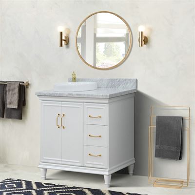 37" Single vanity in White finish with White Carrara and round sink- Left door/Left sink