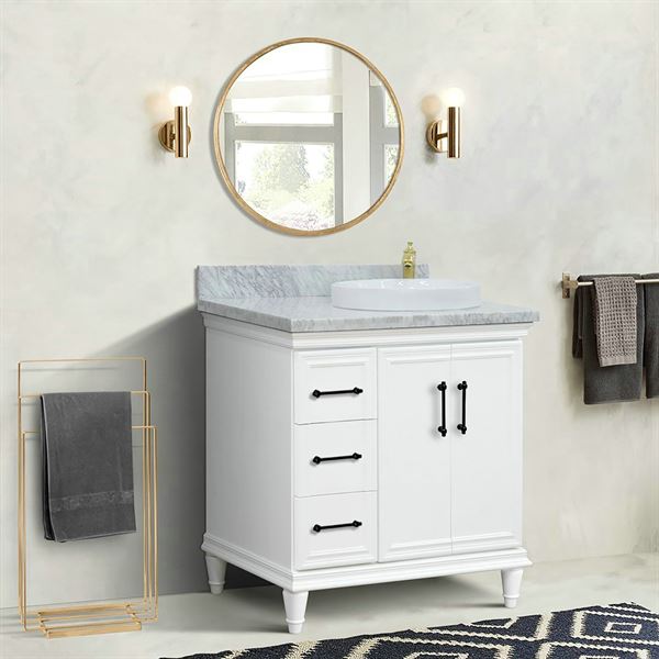 37" Single Vanity in White Finish with White Carrara and Round Sink- Right Door/Right Sink