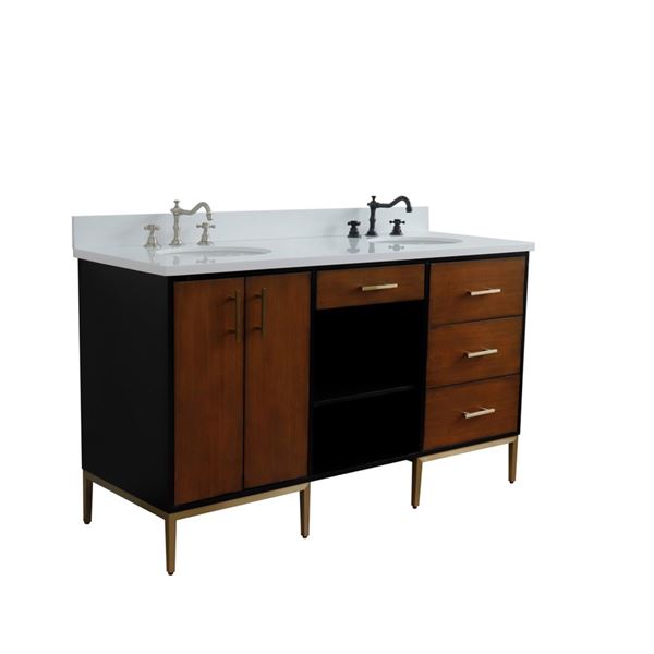 61" Double Sink Vanity in Walnut and Black Finish and White Quartz and Oval Sink