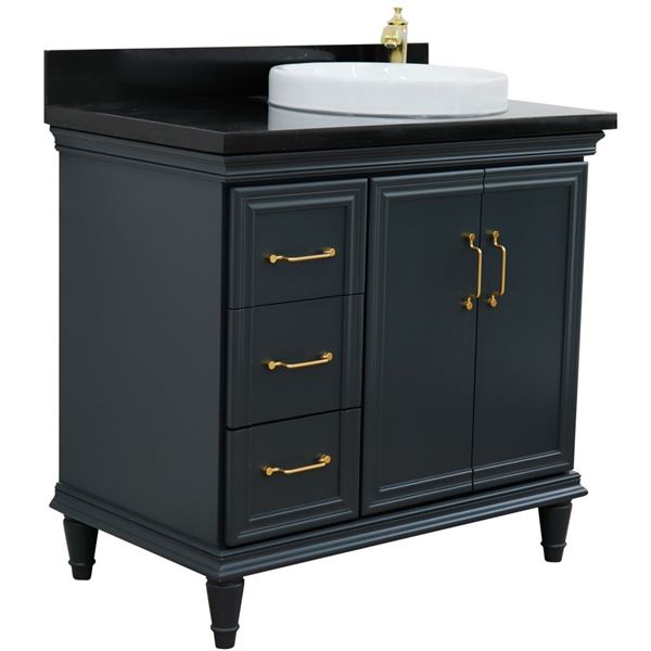 37" Single vanity in Dark Gray finish with Black galaxy and round sink- Right door/Right sink