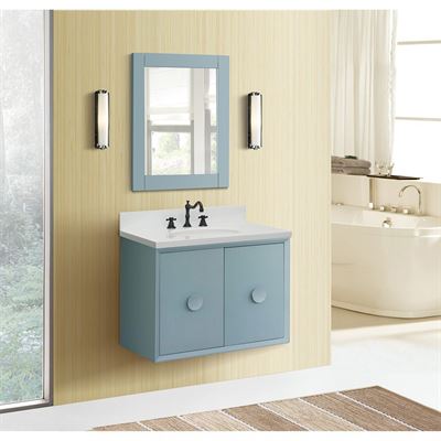 31" Single Wall Mount Vanity in Aqua Blue Finish With White Quartz Top and Oval Sink