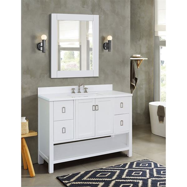 49" Single Vanity in White Finish With White Quartz Top and Rectangle Sink