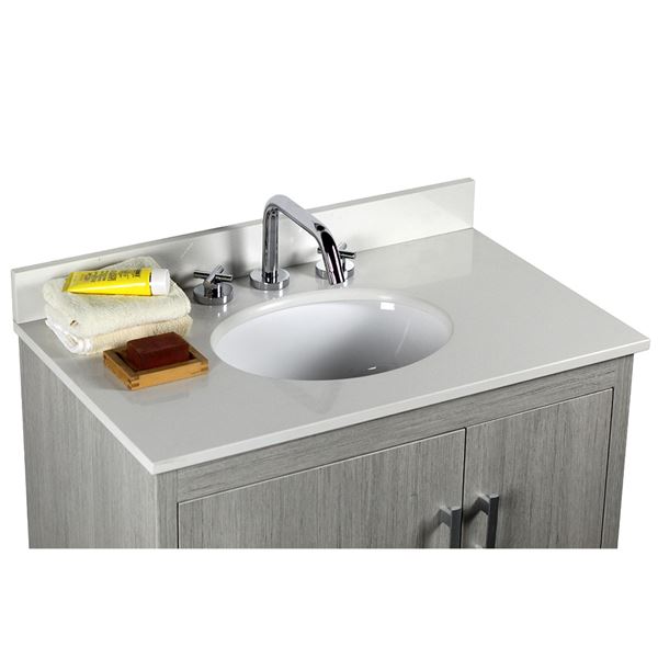 31" Single vanity in Gray Pine finish top with White Quartz and oval sink