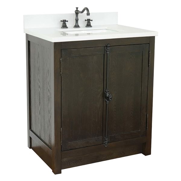 31" Single Vanity in Brown Ash Finish With White Quartz Top and Rectangle Sink